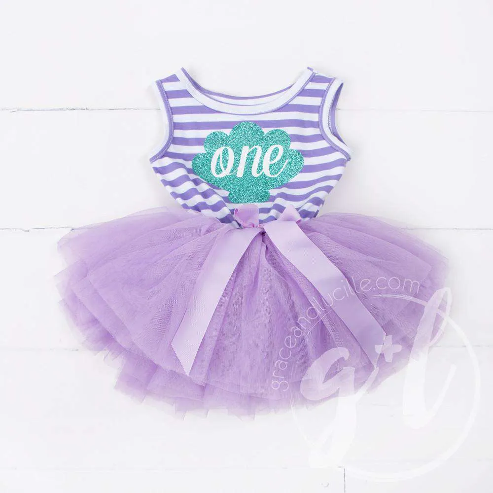 1st Birthday Mermaid Dress Aqua Shell "ONE" on Purple Striped Sleeveless