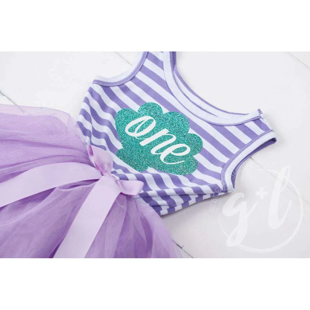 1st Birthday Mermaid Dress Aqua Shell "ONE" on Purple Striped Sleeveless