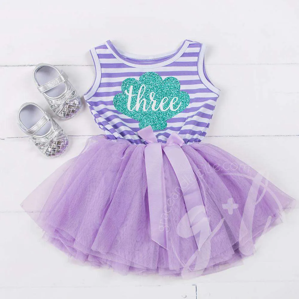 1st Birthday Mermaid Dress Aqua Shell "ONE" on Purple Striped Sleeveless