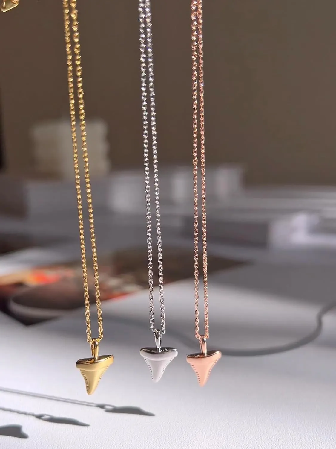Beach Ocean Lover Necklace For Women, Beach Wave Whale tail Surfing Pendant Necklace 18K Gold Dipped Silver Dainty Beach Necklace (Gold, Shark Tooth)
