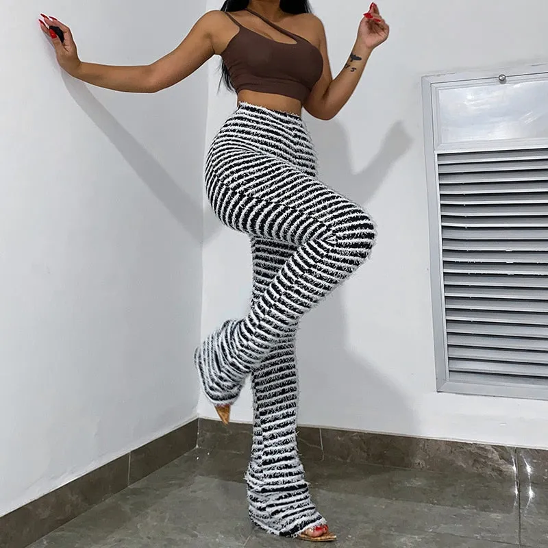 Black and White Striped Stacked Pants