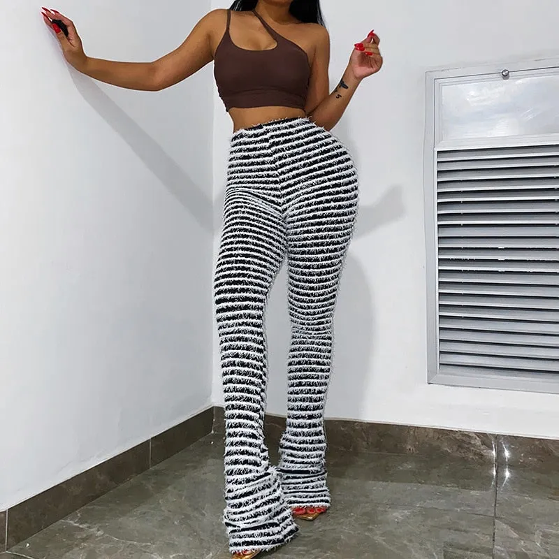 Black and White Striped Stacked Pants