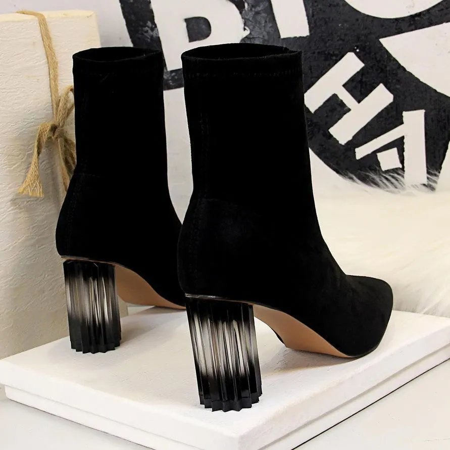 Chicvane Womens Suede Pointed Toe Crystal Chunky Heel Ankle Boots