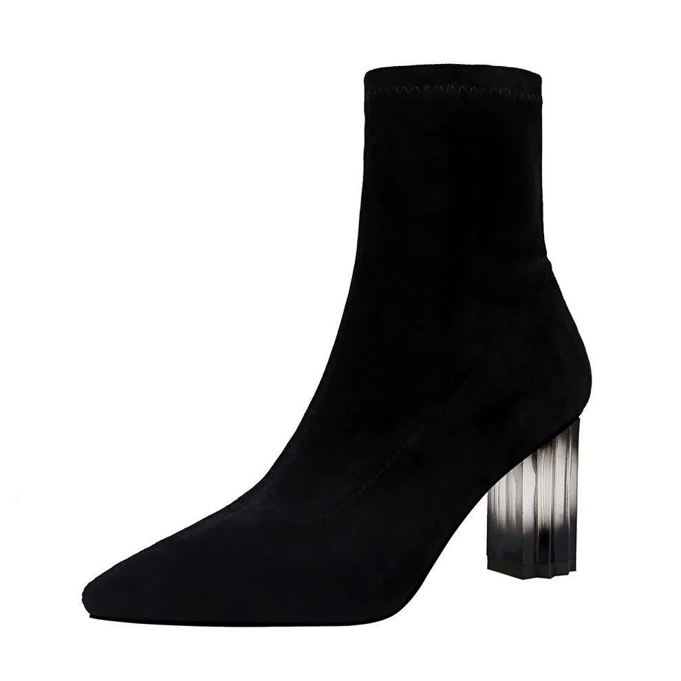 Chicvane Womens Suede Pointed Toe Crystal Chunky Heel Ankle Boots