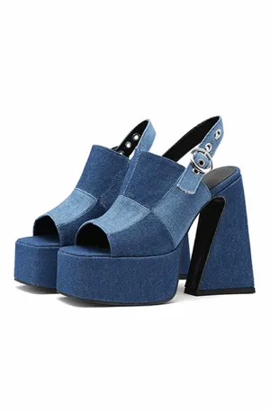 Denim platform high heel sandals