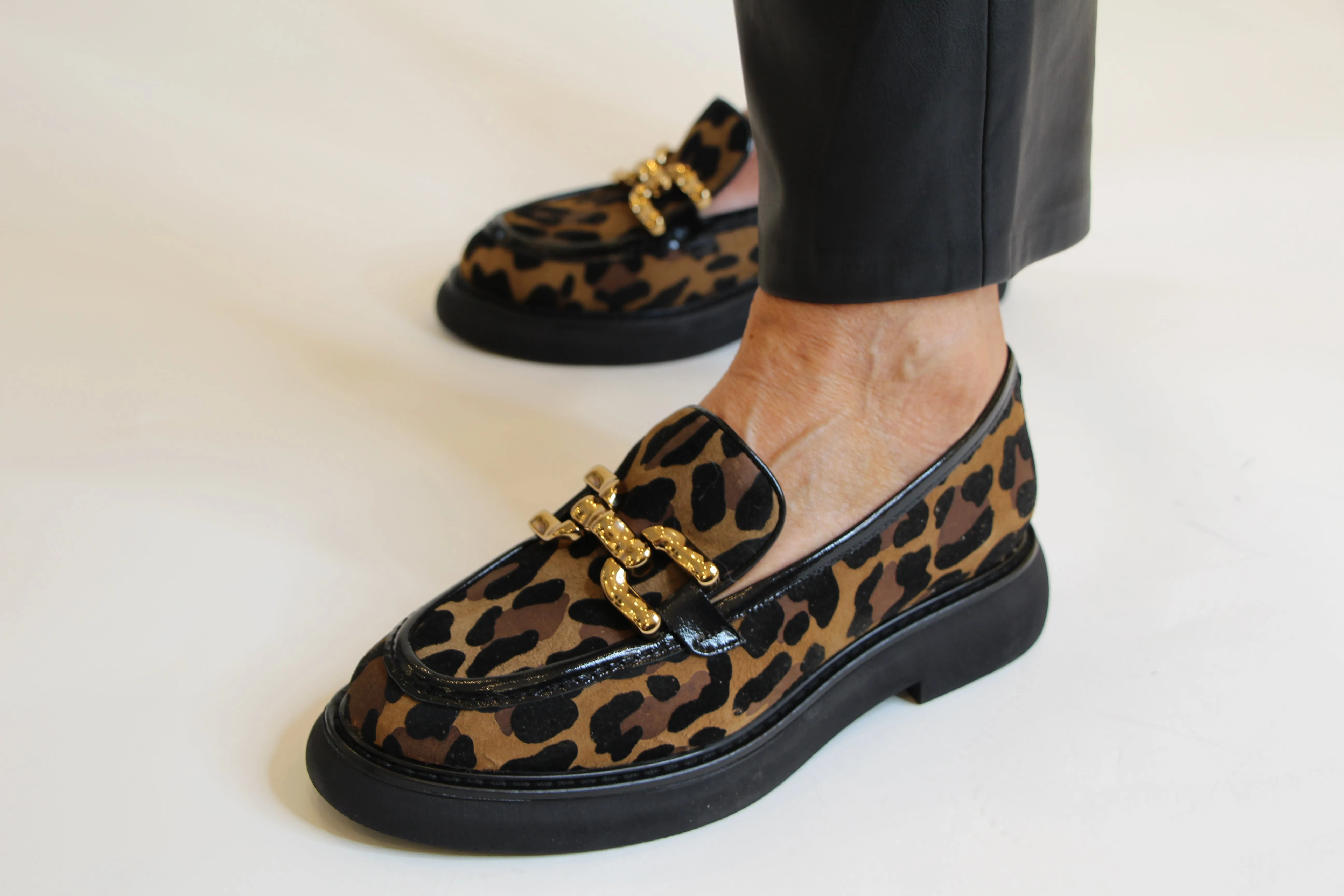 MARIAN Leopard Print Chunky Loafer with Gold Bit Detail