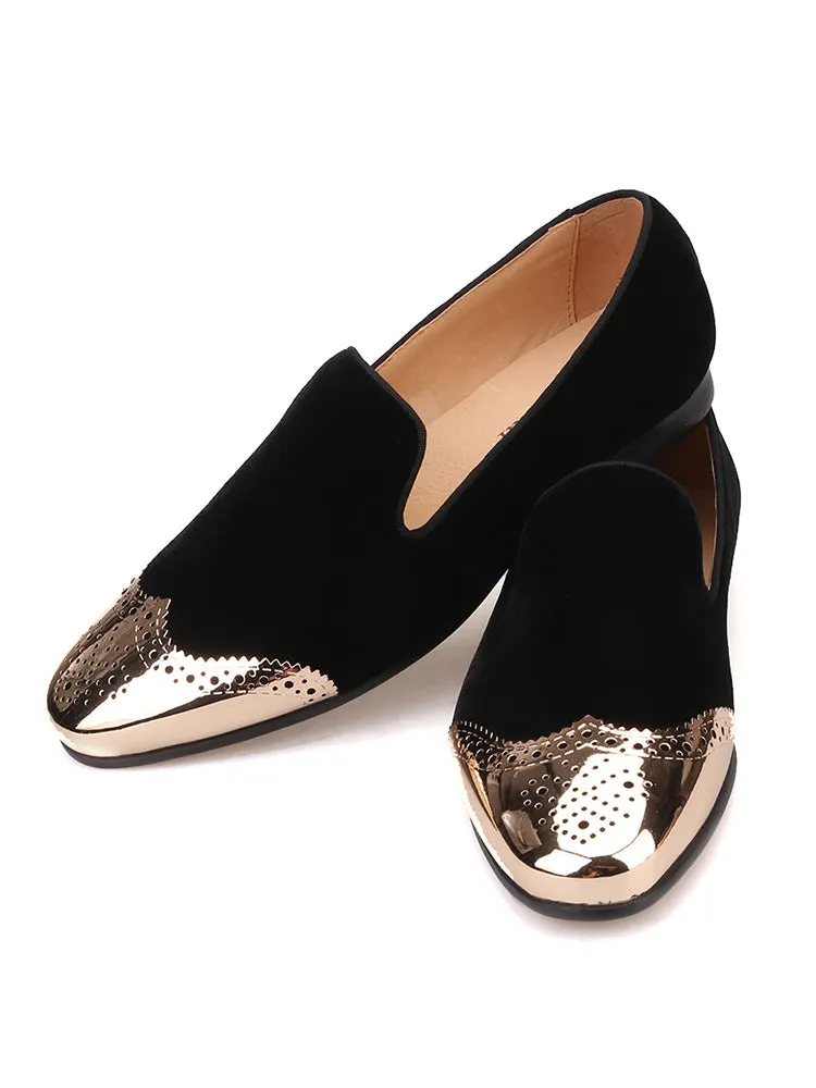 Piergitar black velvet front brogue punched copper buckle men's handmade loafers British smoking shoes