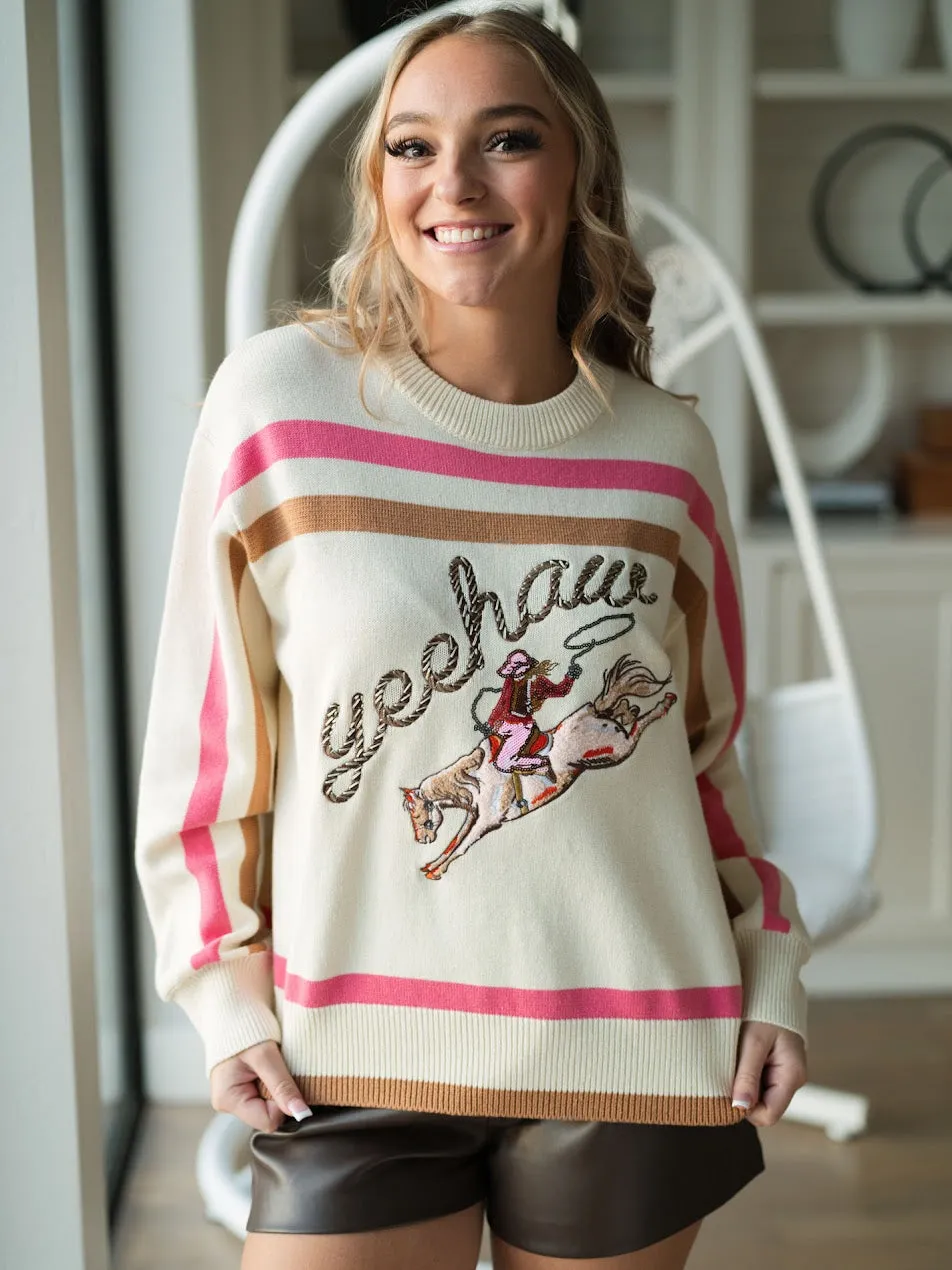 [Queen of Sparkles] Beige Yeehaw Cowgirl Sweater