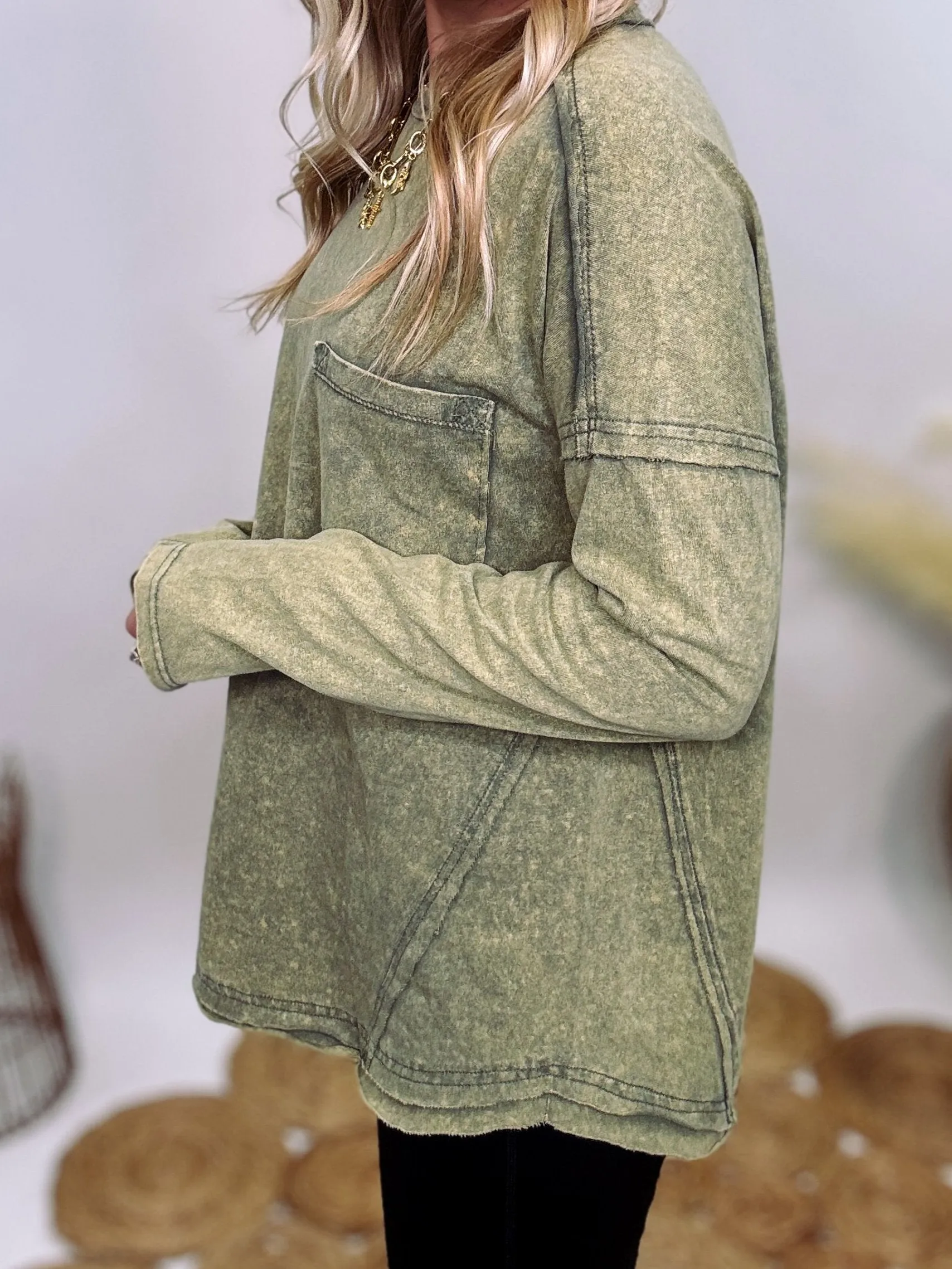 Sage Green Acid Washed Long Sleeve Top
