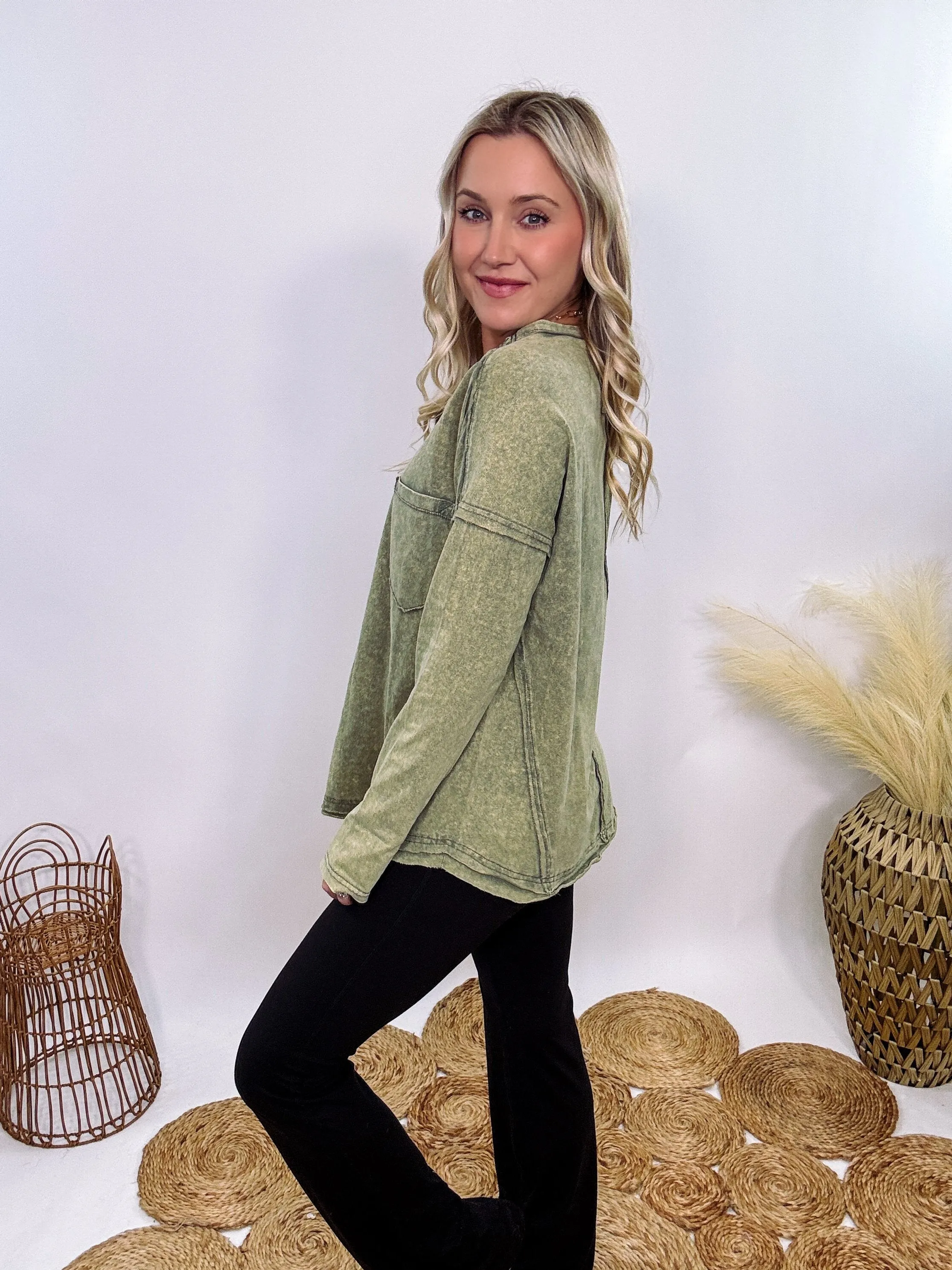 Sage Green Acid Washed Long Sleeve Top