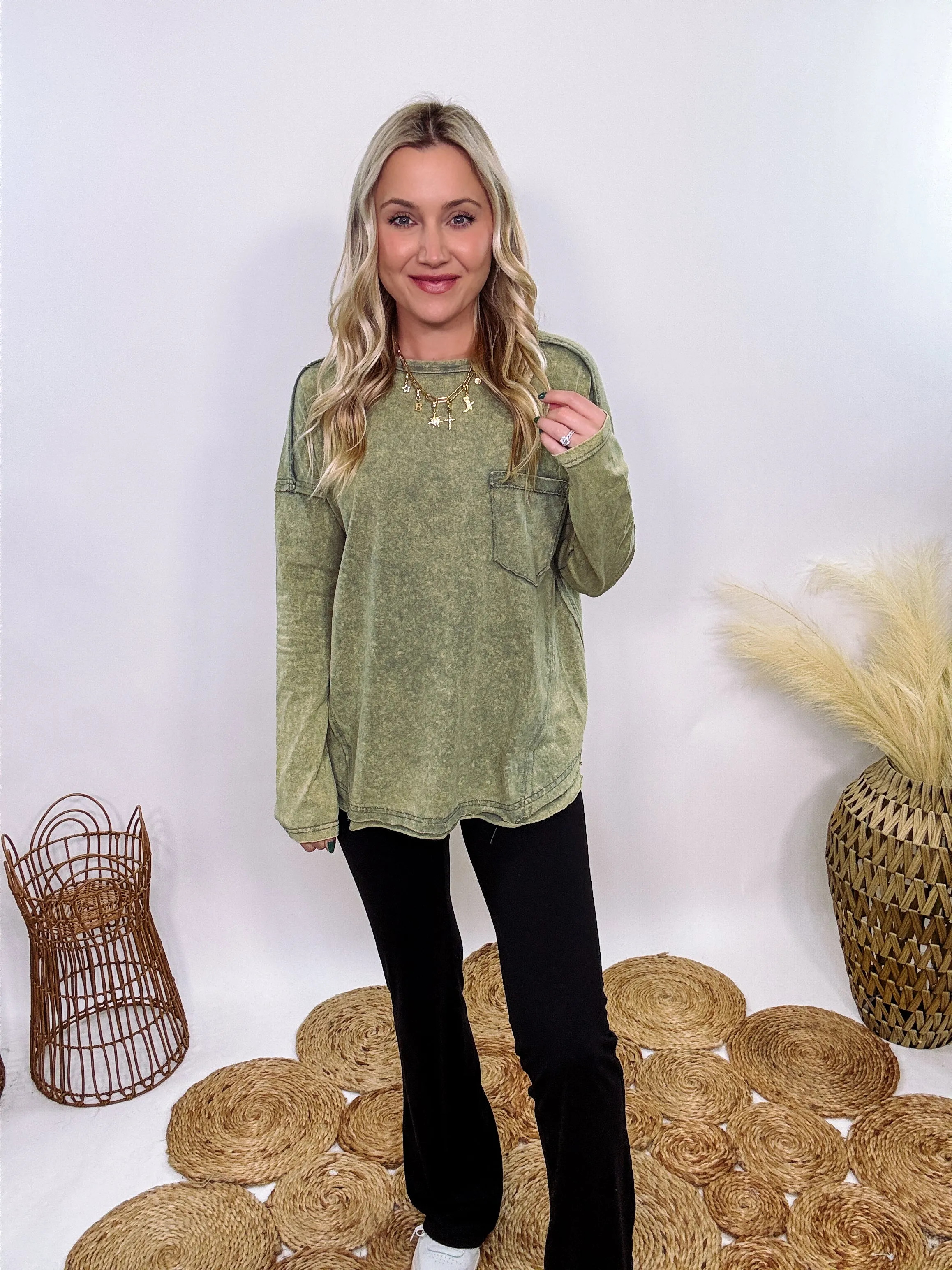 Sage Green Acid Washed Long Sleeve Top