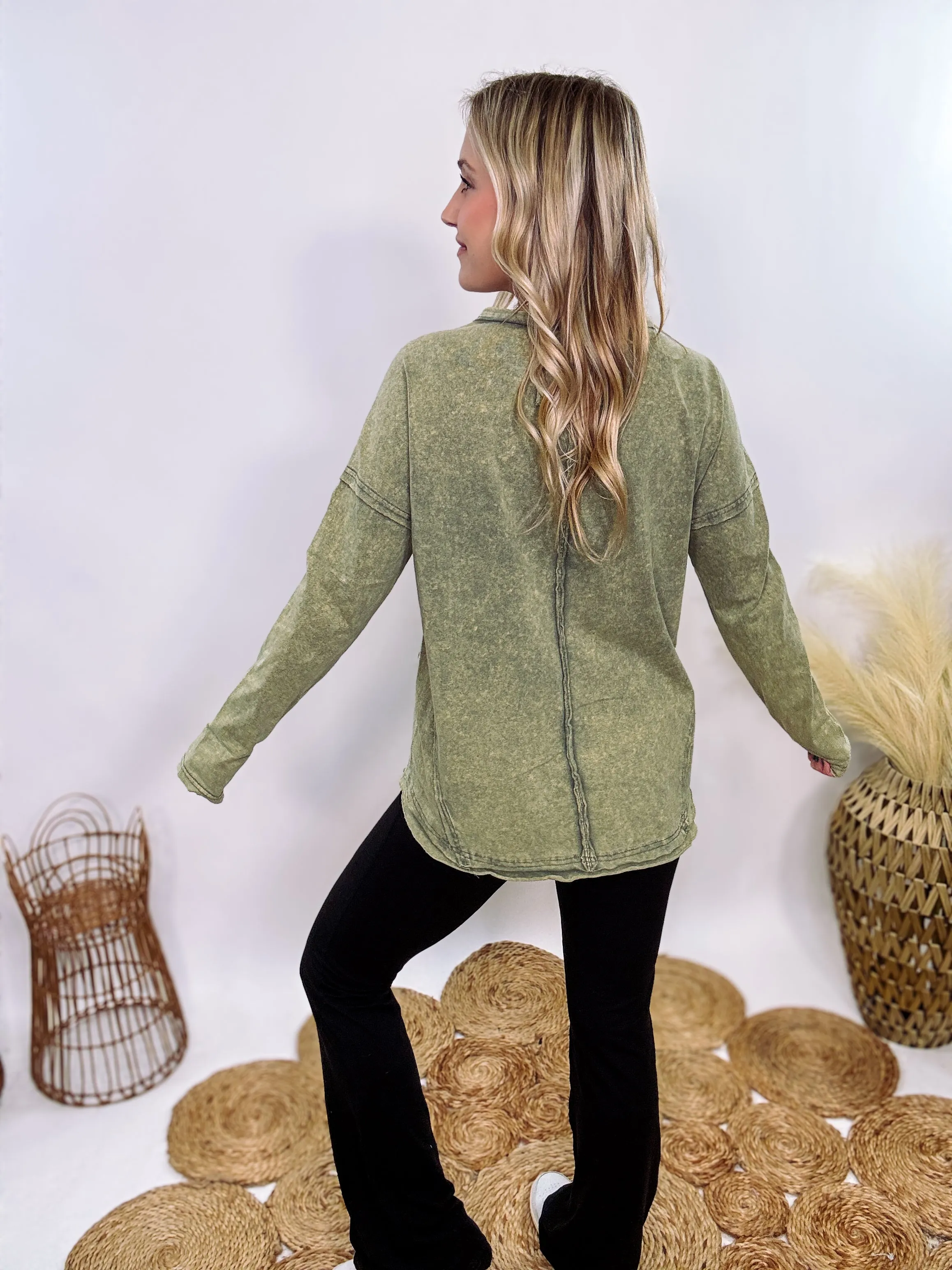 Sage Green Acid Washed Long Sleeve Top