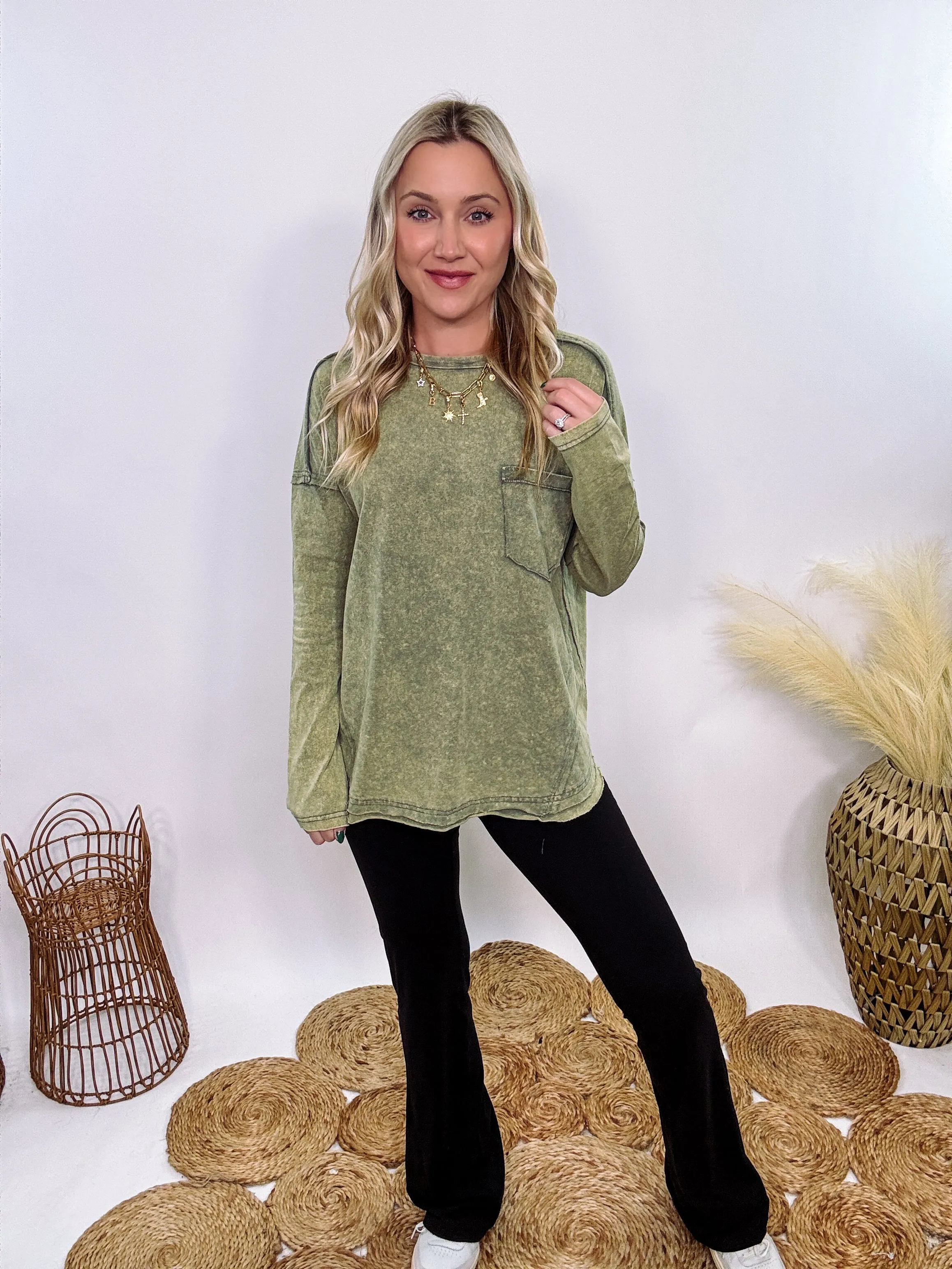 Sage Green Acid Washed Long Sleeve Top