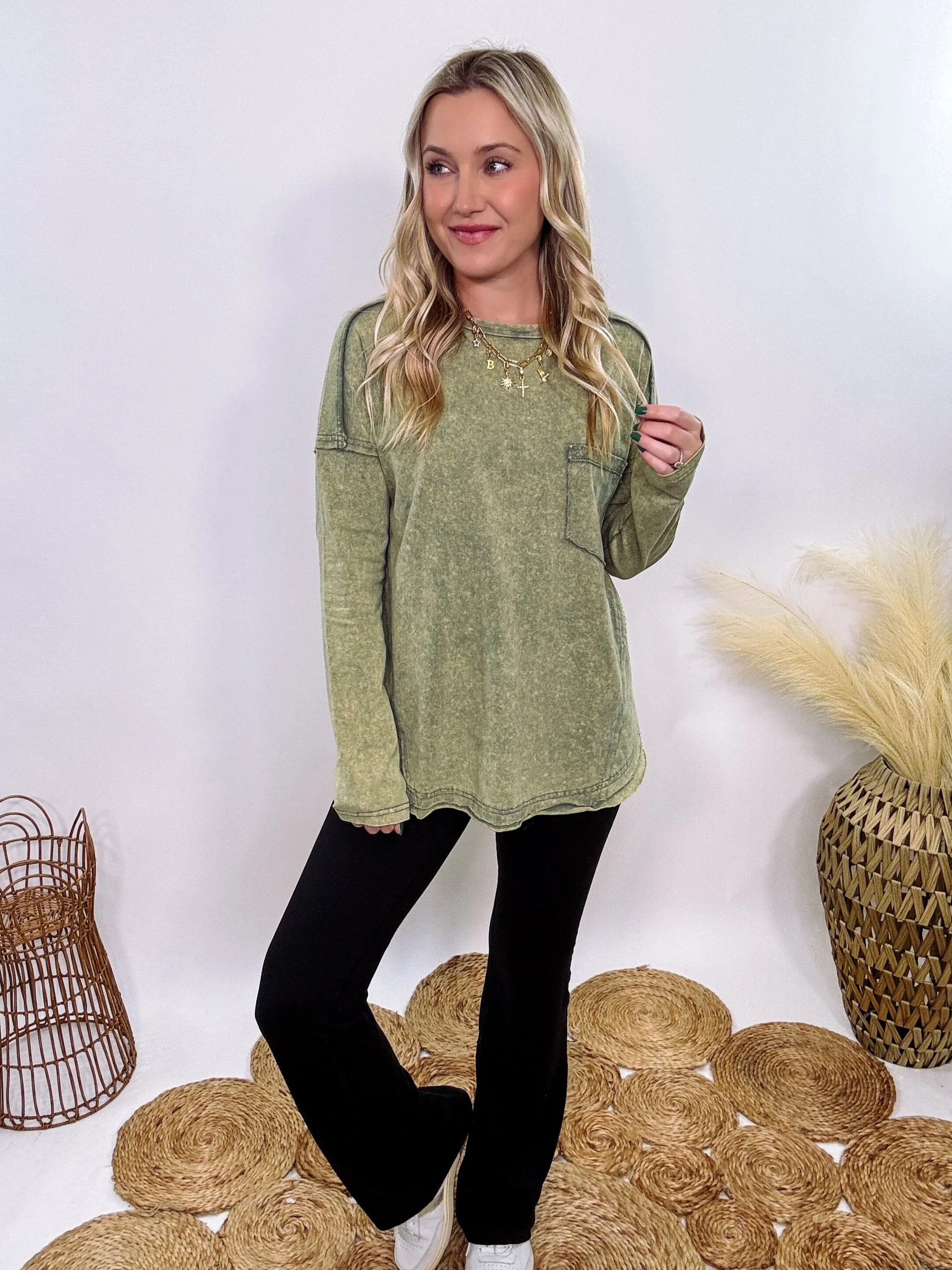 Sage Green Acid Washed Long Sleeve Top