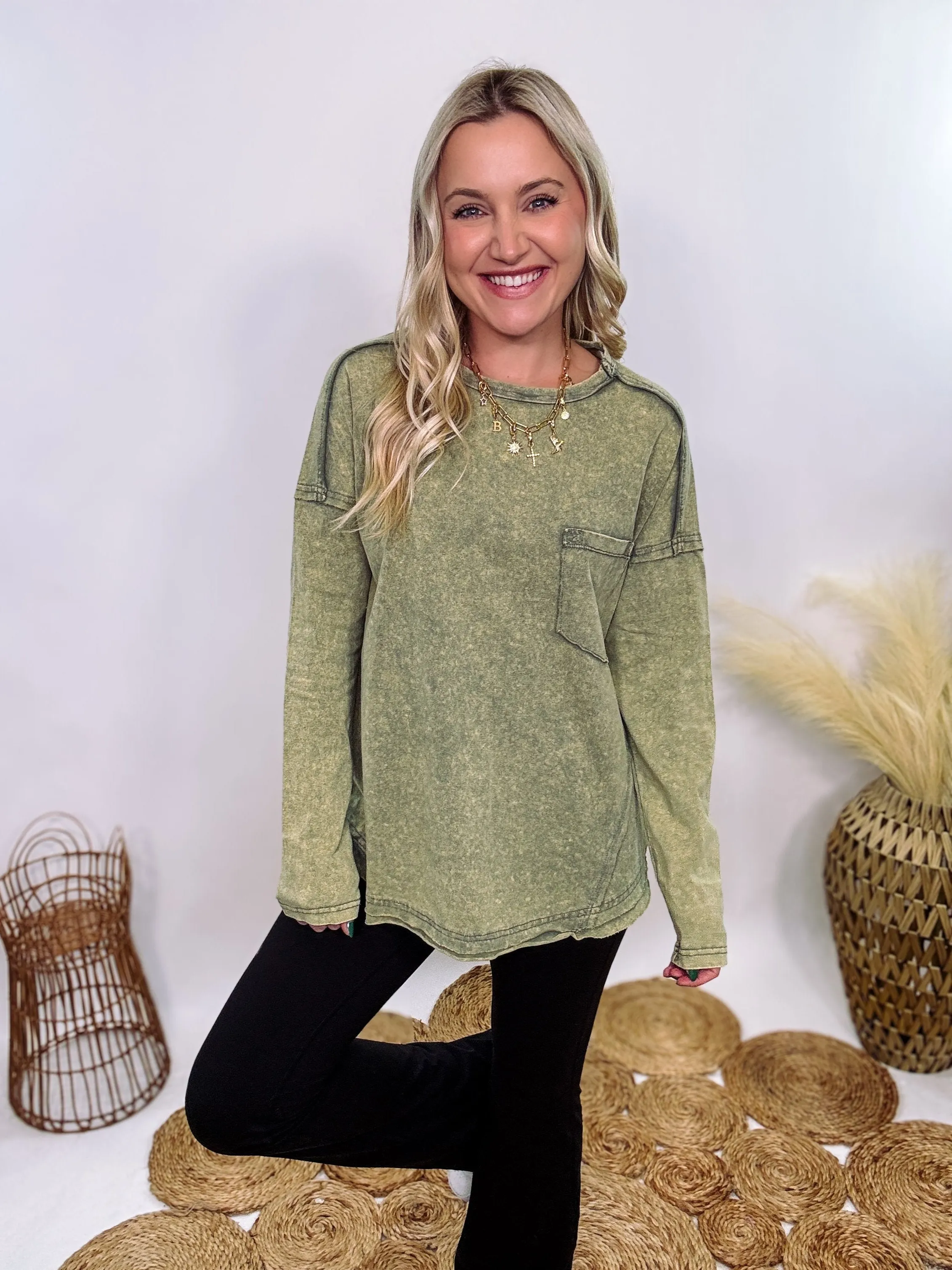 Sage Green Acid Washed Long Sleeve Top