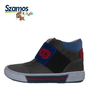 Szamos kid boy high-top shoes grey with wide blue stretchy strap and side zipper little kid/big kid size