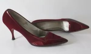 Vintage 60's Deep Red Suede & Patent Leather Pumps Heels Shoes 10.5