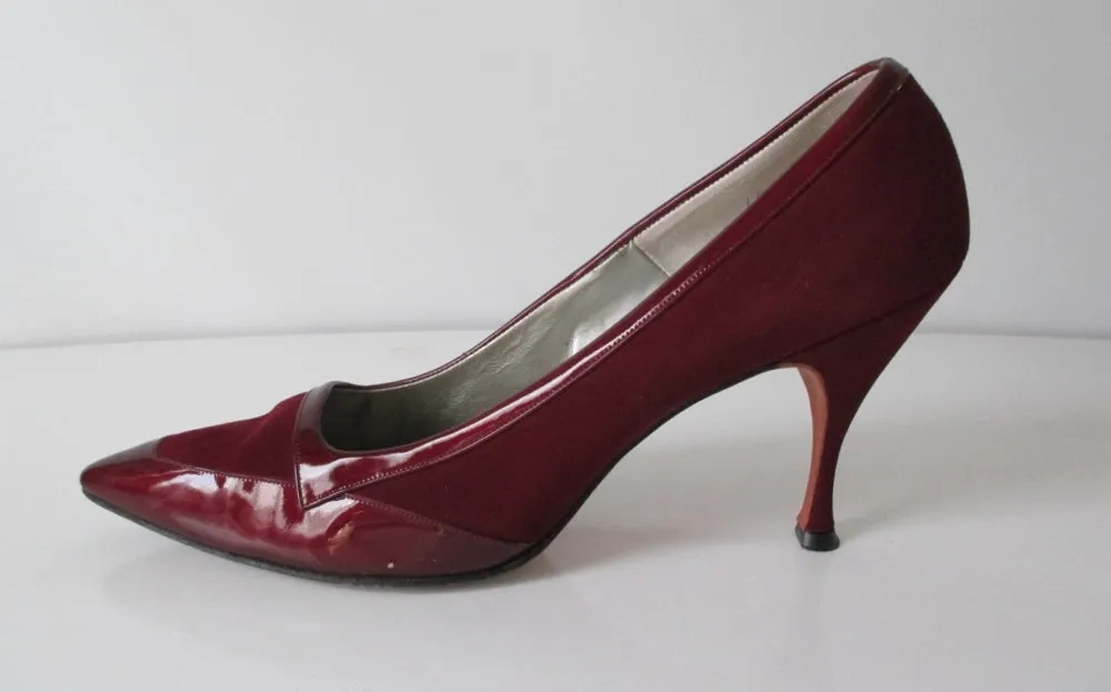 Vintage 60's Deep Red Suede & Patent Leather Pumps Heels Shoes 10.5