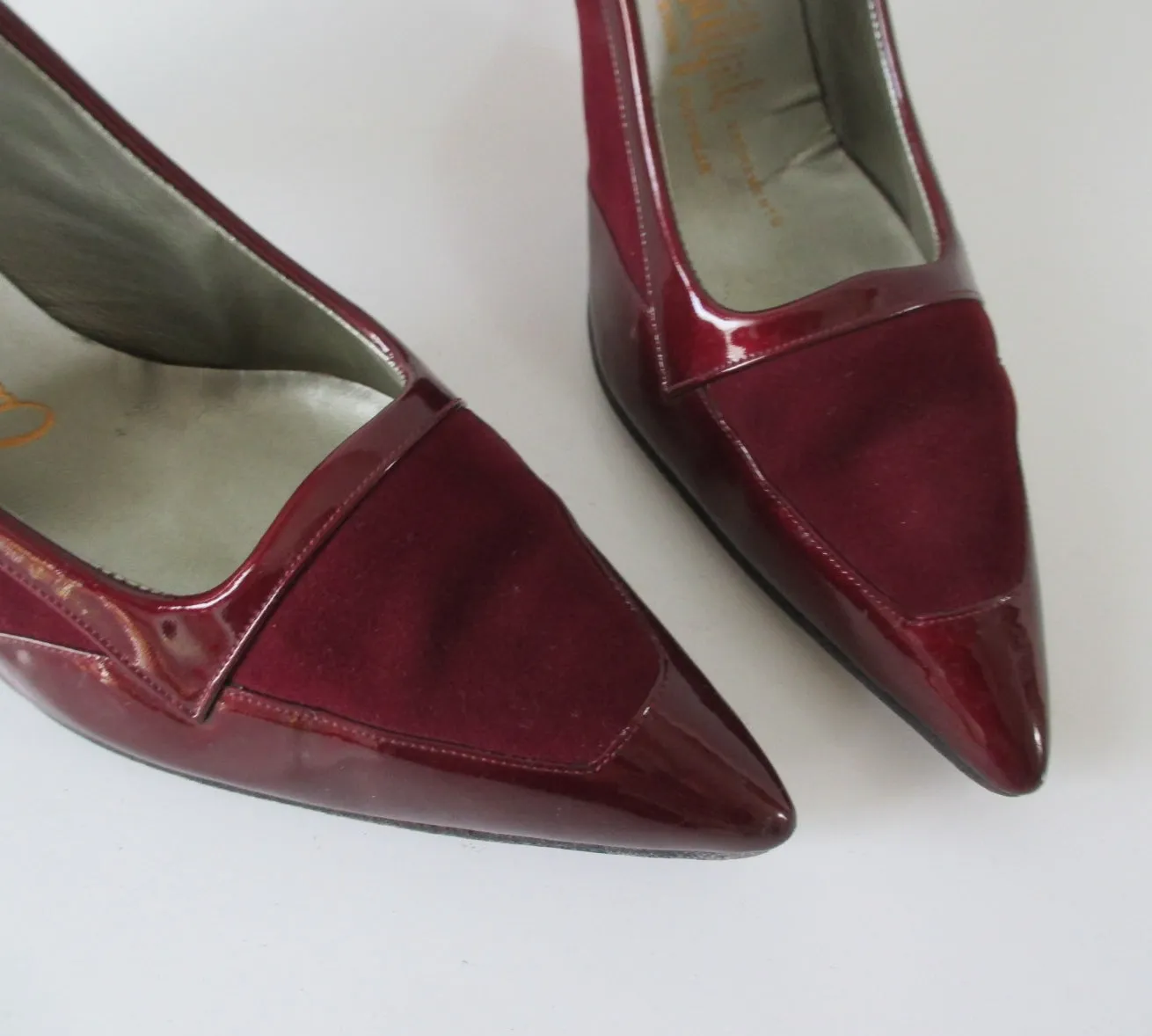 Vintage 60's Deep Red Suede & Patent Leather Pumps Heels Shoes 10.5