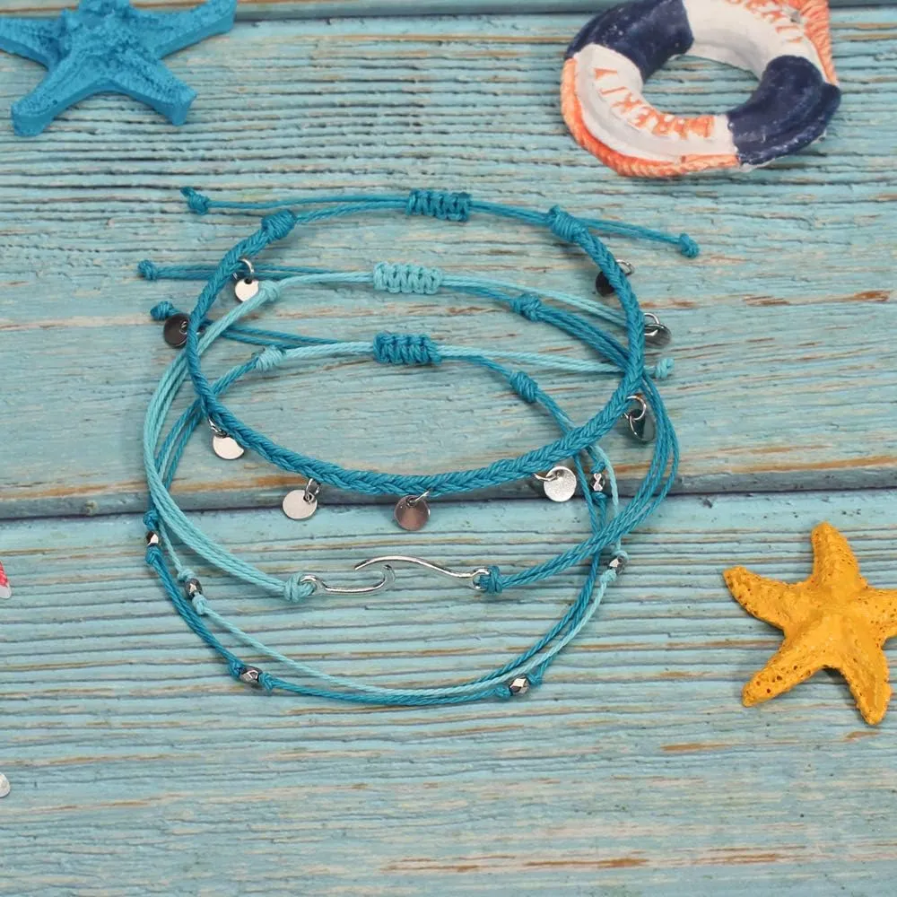 Waterproof String Anklets Cute Beaded Ankle Bracelets Beach Wave Anklet Stainless Steel Coin Boho Ankle Jewelry for Women