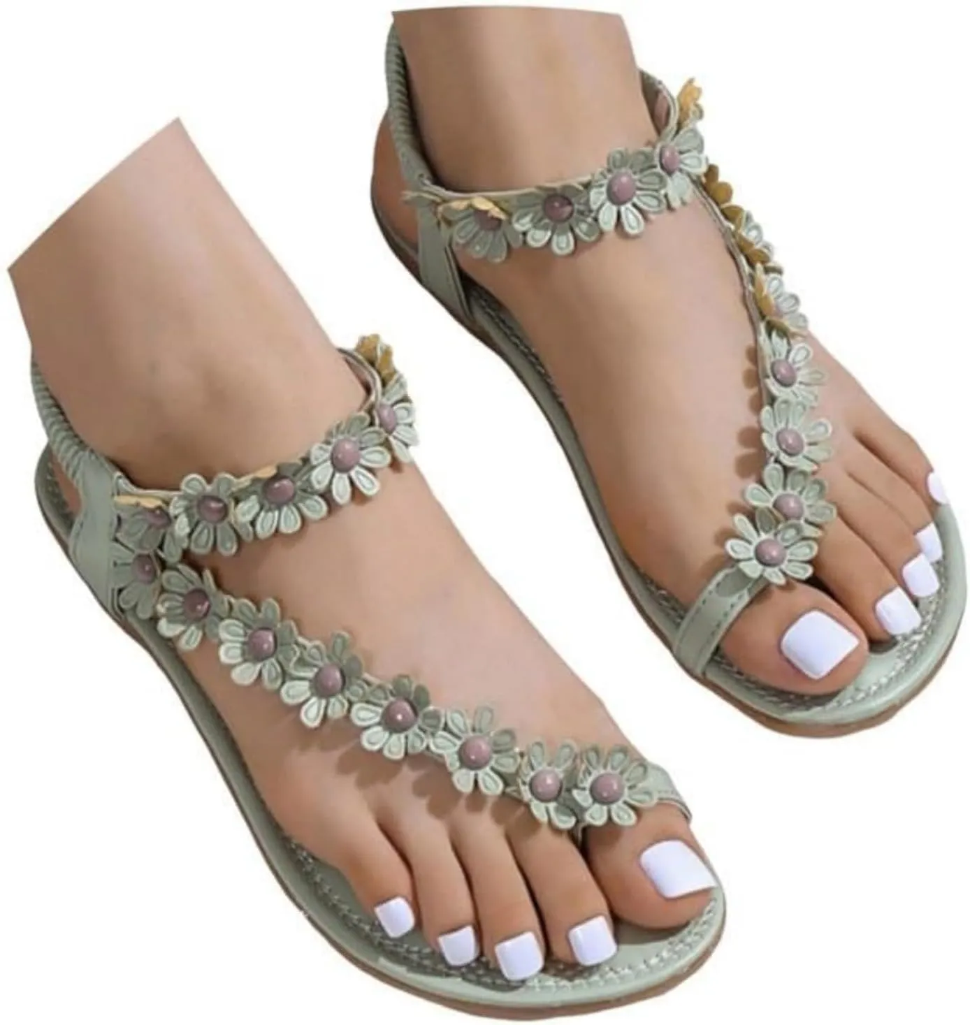 Women's Flat Sandals Dressy Summer Comfortable Flip Flops Elegant Flower Decor Thong Sandals Ladies Cute Summer Beach Shoes Adjustable Back Ankle Strap Casual Summer Shoes
