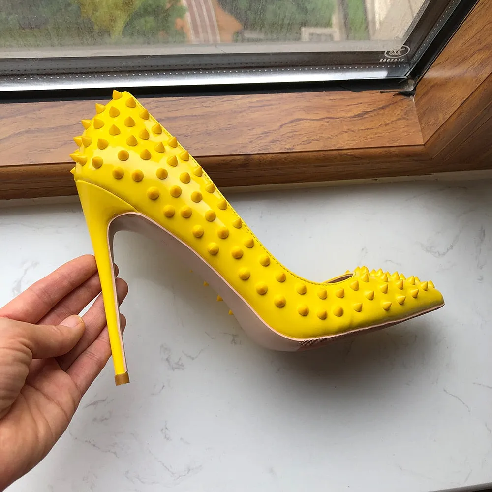 yellow Full Spikes Women Pointy Toe Stiletto High Heels