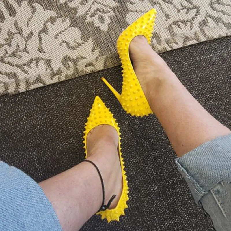 yellow Full Spikes Women Pointy Toe Stiletto High Heels