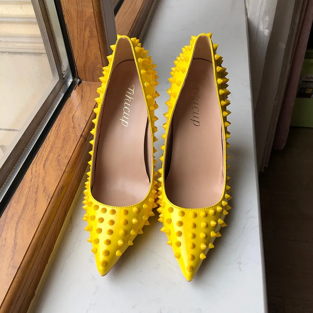 yellow Full Spikes Women Pointy Toe Stiletto High Heels