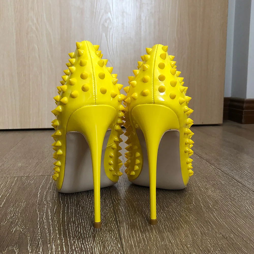 yellow Full Spikes Women Pointy Toe Stiletto High Heels