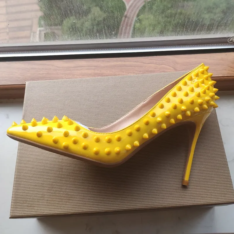 yellow Full Spikes Women Pointy Toe Stiletto High Heels