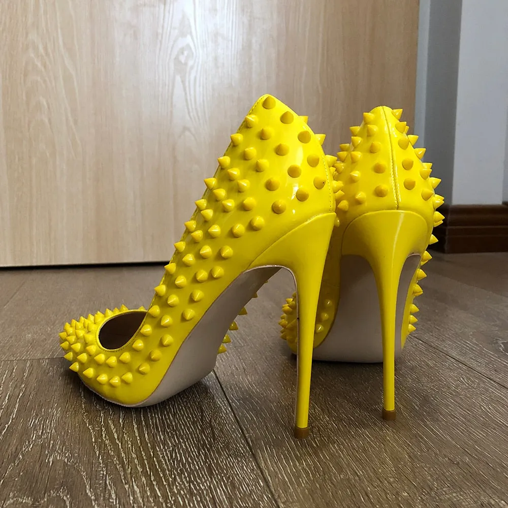 yellow Full Spikes Women Pointy Toe Stiletto High Heels