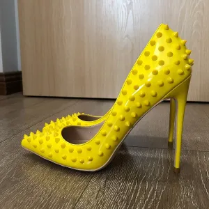 yellow Full Spikes Women Pointy Toe Stiletto High Heels